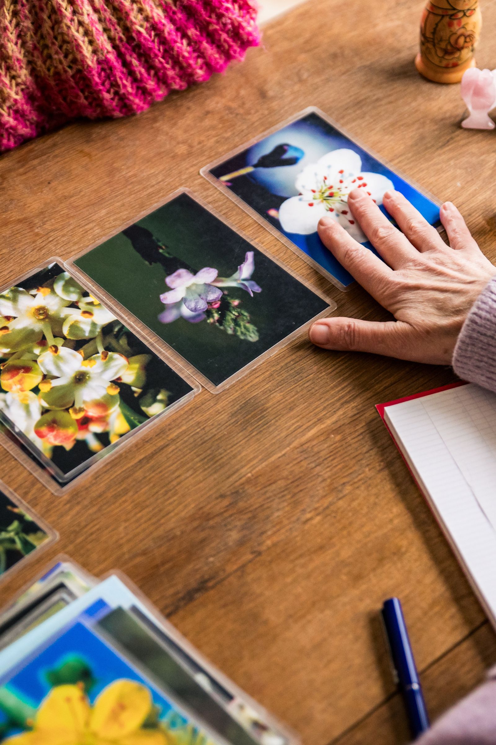 Les fleurs de Bach en consultation Cartes de fleurs de Bach et flacons sur une table